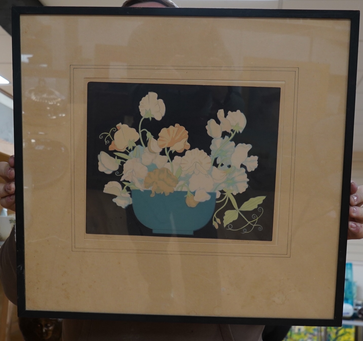 John Hall Thorpe (1874-1947), woodblock engraving, Still life of Sweet Peas, signed in pencil, 25 x 30cm. Condition - poor to fair, faded